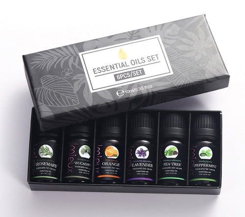 Organic 10ml essential oil set for stress relief, meditation, sleep aid, and natural home fragrance in elegant black botanical box
