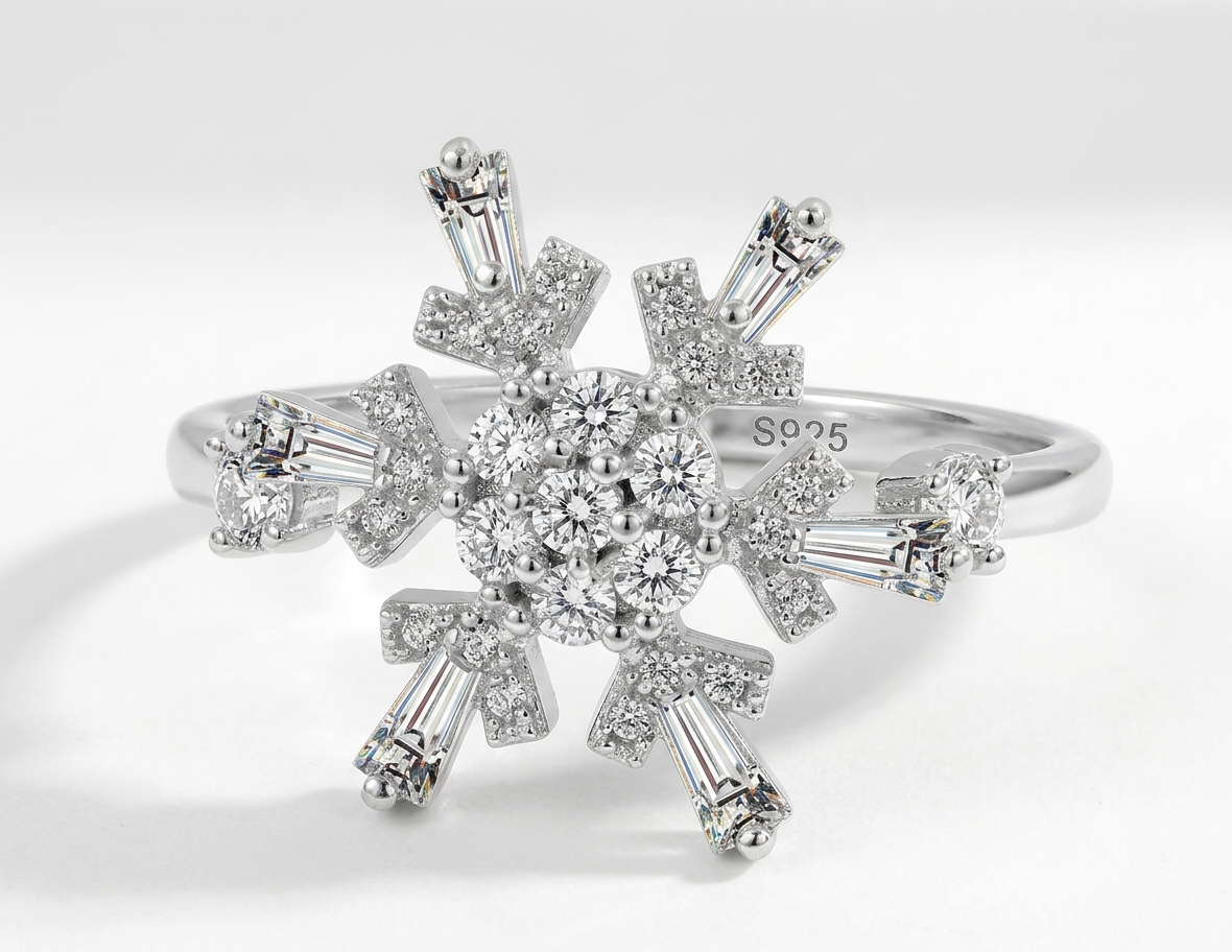 A detailed macro photograph of the gold S925 sterling silver spinning snowflake ring with zirconia stones, designed as an anti-anxiety and stress relief fidget toy, set against a clean white background