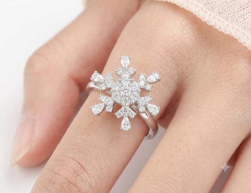 Sparkling Sterling Silver Snowflake Ring for Women, adorned with brilliant-cut and pear-shaped CZ diamonds, modeled on a manicured hand with lace cuff against a white background. Shop now for exclusive offers!"