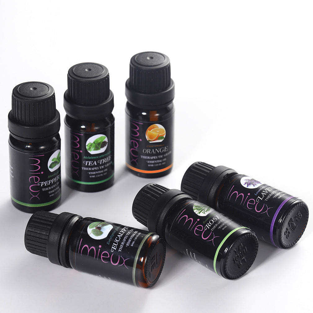 Six essential oils lavender tea tree peppermint rosemary orange eucalyptus